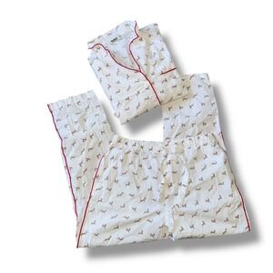 Sleepy Jones Women's Pajama‎ Set Size S Deer Print White Red Trim Sleepwear